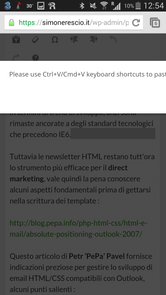 Il tasto OK per chiudere il popup non è visibile a causa del poco spazio